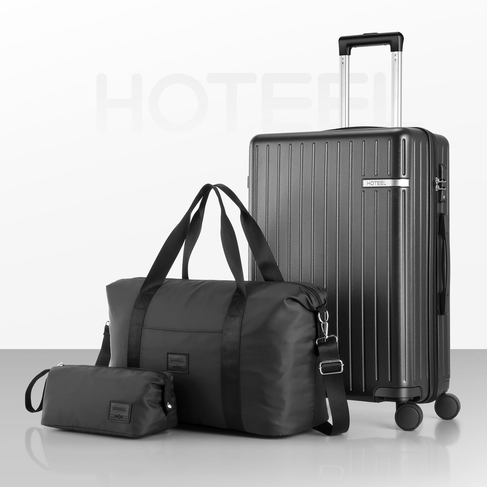 HOTEEL 3 Piece Carry on Luggage Set,Expandable ABS+PC Lightweight Hard Shell Suitcases with Spinner Wheels&TSA Lock,Portable Travel Bag and Toiletry Bag,Black