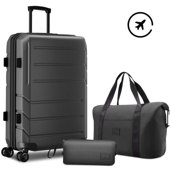 HOTEEL 3 Piece Carry on Luggage Set,Expandable ABS+PC Lightweight Hard Shell Suitcases with Spinner Wheels&TSA Lock,Portable Travel Bag and Toiletry Bag,Black
