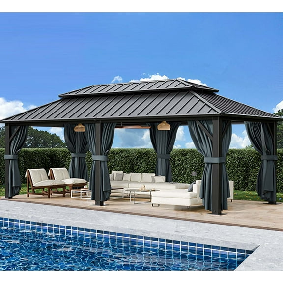 HOTEEL 12'x20' Hardtop Gazebo, Heavy Duty Outdoor Gazebo with Full-Colour Steel Tiles Double Roof, Flame-Retardant Curtains and Netting, Permanent Gazebo for Patio, Lawn and Backyard, Black