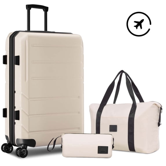 HOTEEL 3 Piece Carry on Luggage Set,Expandable ABS+PC Lightweight Hard Shell Suitcases with Spinner Wheels&TSA Lock,Portable Travel Bag and Toiletry Bag,Beige