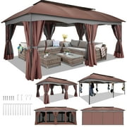 HOTEEL Gazebo 12x20 Heavy Duty Patio Gazebo with Mosquito Netting Deck Gazebo with Metal Steel Frame Large Screen Gazebo Tent Waterproof with Double Roof for Party, Backyard, Deck, Garden, Brown