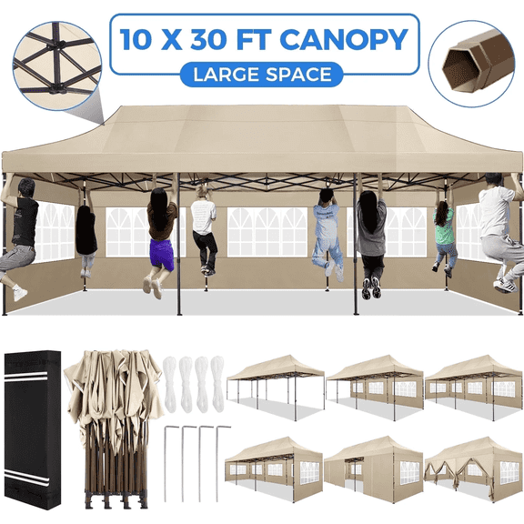 HOTEEL Heavy Duty 10x30 Party Tent,Commercial Pop up Canopy for Parties Waterproof Gazebos with 8 Sidewalls,Khaki