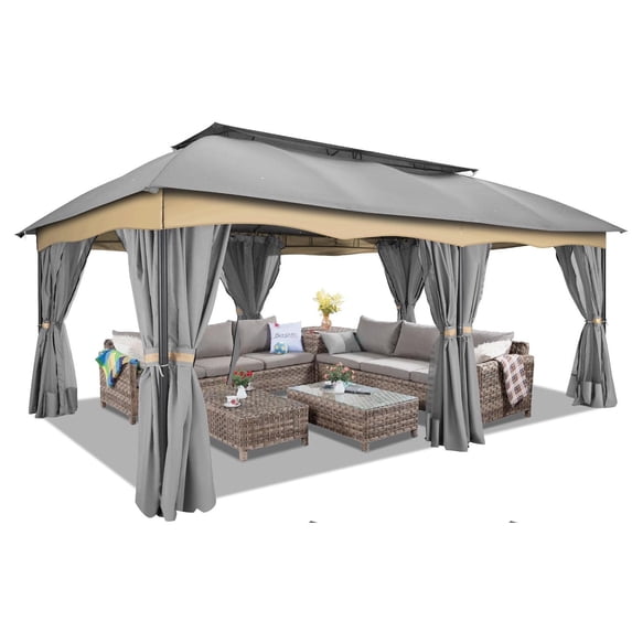 HOTEEL Heavy Duty 12X20 Outdoor Patio Gazebo with Mosquito Netting Curtains,Double-Roof Canopy Tent Gazebo for Parties,Backyards,Gardens,Gray