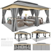 HOTEEL Heavy Duty 12X20 Outdoor Patio Gazebo with Mosquito Netting Curtains,Double-Roof Canopy Tent Gazebo for Parties,Backyards,Gardens,Gray