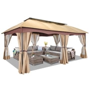 HOTEEL Heavy Duty 12X20 Outdoor Patio Gazebo with Mosquito Netting Curtains,Double-Roof Canopy Tent Gazebo for Parties,Backyards,Gardens,Khaki