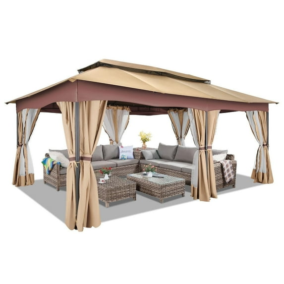 HOTEEL Heavy Duty 12X20 Outdoor Patio Gazebo with Mosquito Netting Curtains,Double-Roof Canopy Tent Gazebo for Parties,Backyards,Gardens,Khaki