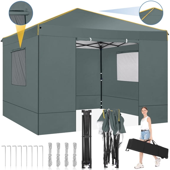 HOTEEL Pop up Canopy Tent 10x10 Commercial Instant Canopy with 4 Sidewalls & Carry Bag,Portable Tent for Parties Beach Camping Party Event Shelter Sun Shade,Gray