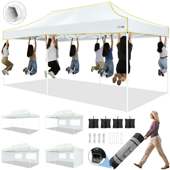 HOTEEL 10'x20' Heavy Duty Pop Up Canopy Tent,Commercial Open Air Gazebo,Hexagonal Frame & Roller Bag,Outdoor Weddings, Parties, Events (White)