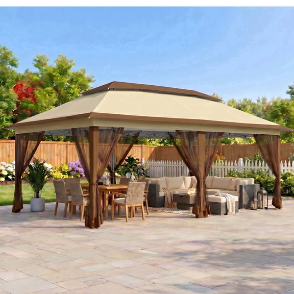 HOTEEL 10x20 Pop Up Gazebo with Netting, Double Roof Instant Canopy Tent with Extended Eaves, Waterproof & UV Protection Outdoor Pavilion for Patio, Party, Backyard, Brown