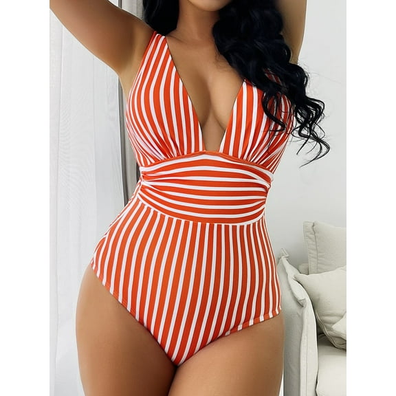 HOTIAN Deep V-Neck Sexy Stripe One-Piece Swimsuits (Women’s)