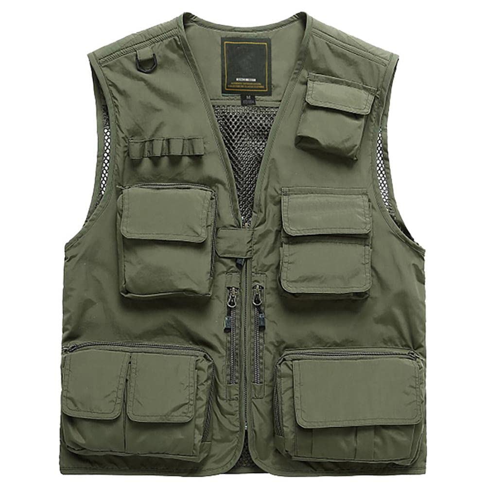 HOTIAN Fishing Vest Jcket for Men and Women Quick-Dry Outdoor Cargo Utility  Vests with Multi-Pocket for Travel Work Photography Army Green XL
