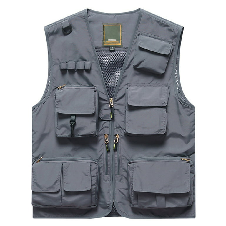 HOTIAN Fishing Vest Jcket for Men and Women Quick-Dry Outdoor Cargo Utility  Vests with Multi-Pocket for Travel Work Photography Gray M