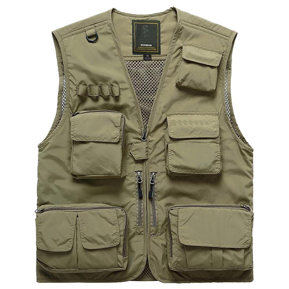 Men's Multifunction Pockets Travels Sports Fishing Vest Outdoor Vest L  Khaki Green XL 