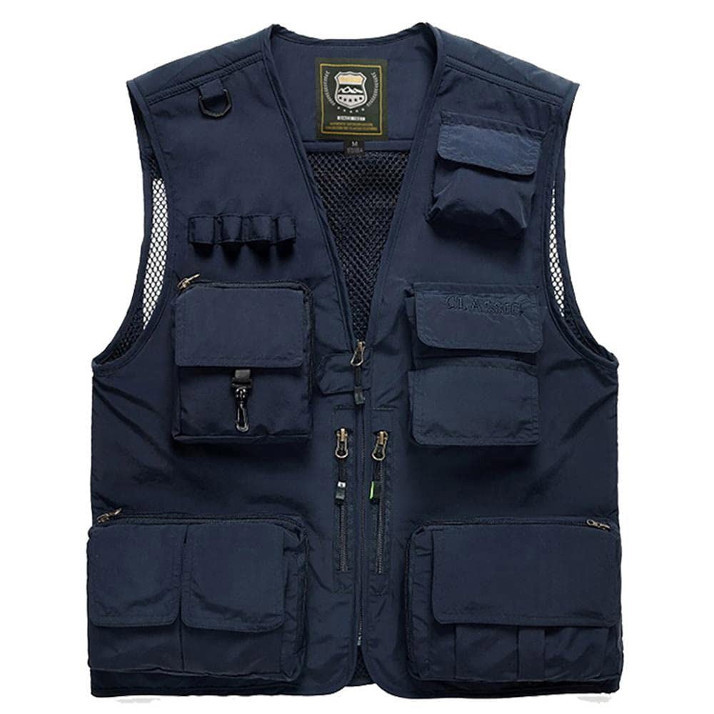 HOTIAN Fishing Vest Jcket for Men and Women Quick-Dry Outdoor Cargo Utility  Vests with Multi-Pocket for Travel Work Photography Navy Blue L