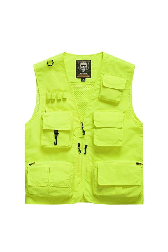 Fishing Vest Jcket for Men and Women Quick-Dry Outdoor Cargo Utility Vests with Multi-Pocket for Travel Work Photography Neon Green L