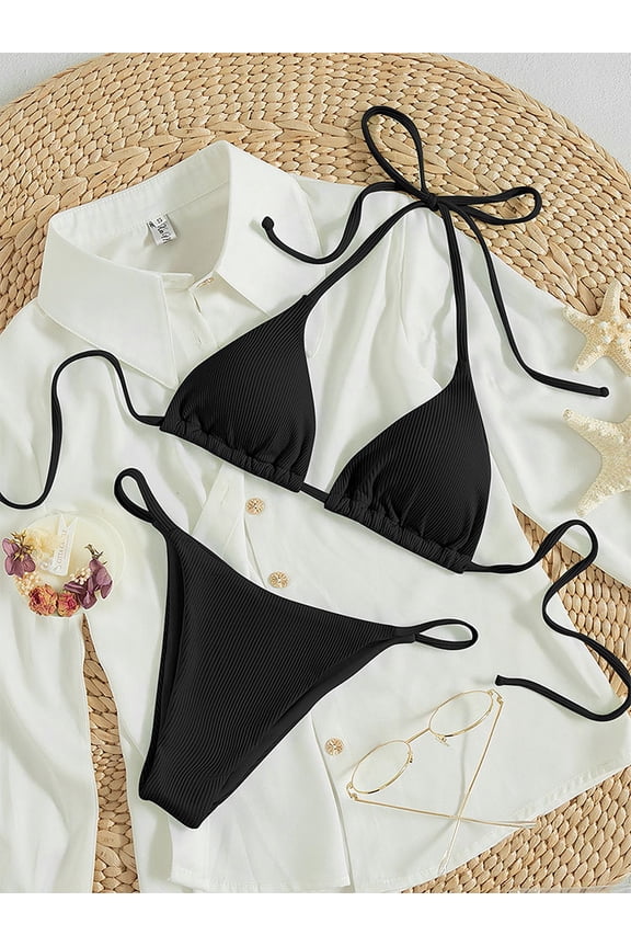 Women's Triangle Halter Bikini High Cut String Thong Swimsuit, 2-Piece Set, Size M