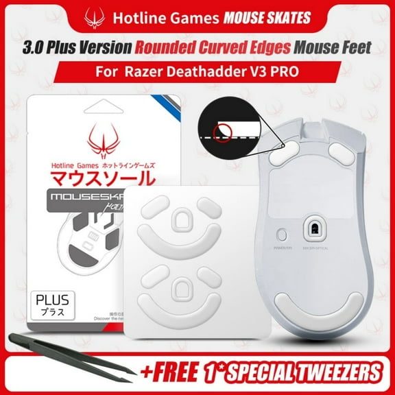 Hotline Games 3.0 PLUS Mouse Feet For DeathAdder V3 Pro Wireless Gaming Mouse, 2 Sets, White, New