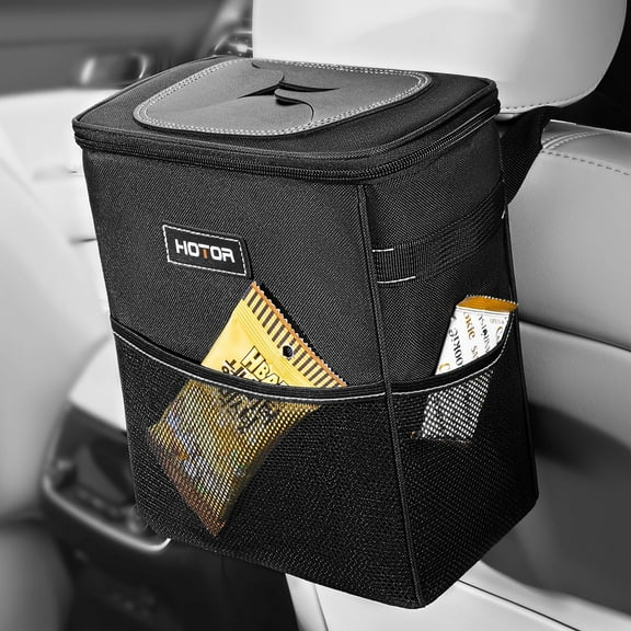 HOTOR Car Trash Can with Lid, Leak-Proof Car Garbage Can with Mesh Pockets, Car Accessories, 2 Gallons, Black