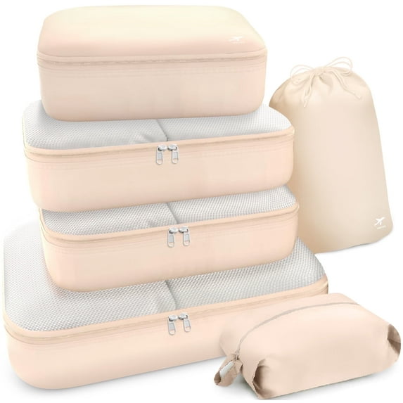 HOTOR Packing Cubes, 6-Piece Travel Luggage Organizer Set with Zipper Closure, Lightweight Waterproof Bags, Beige