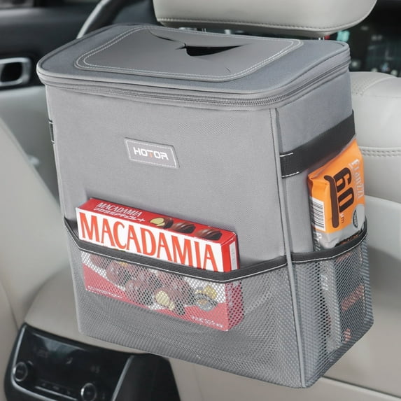 HOTOR Car Trash Can with Lid, Leak-Proof Car Garbage Can with Mesh Pockets, Car Accessories, 2 Gallons, Light Gray