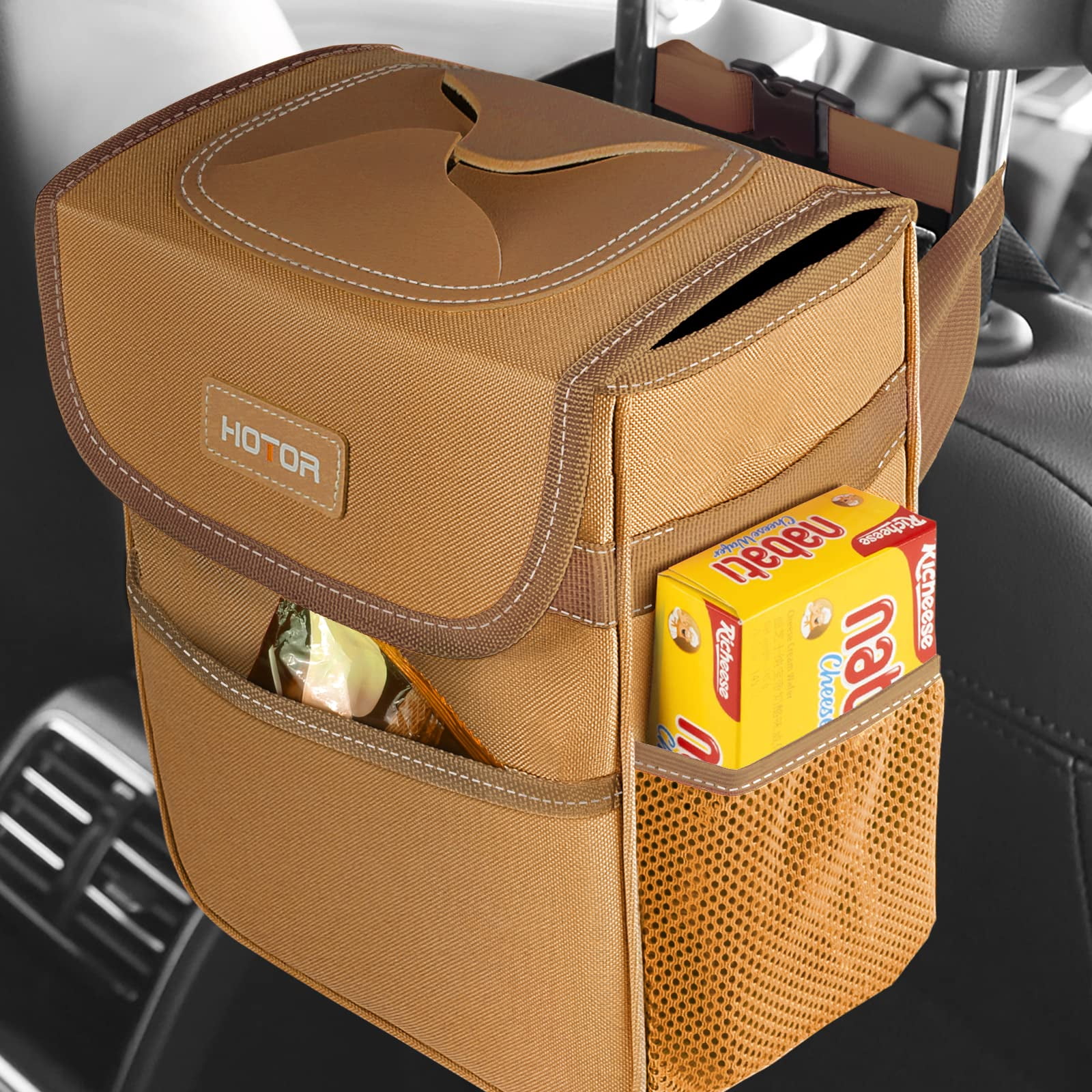 HOTOR Car Trash Can with Lid, Brown Car Trash Bag Hanging with Storage