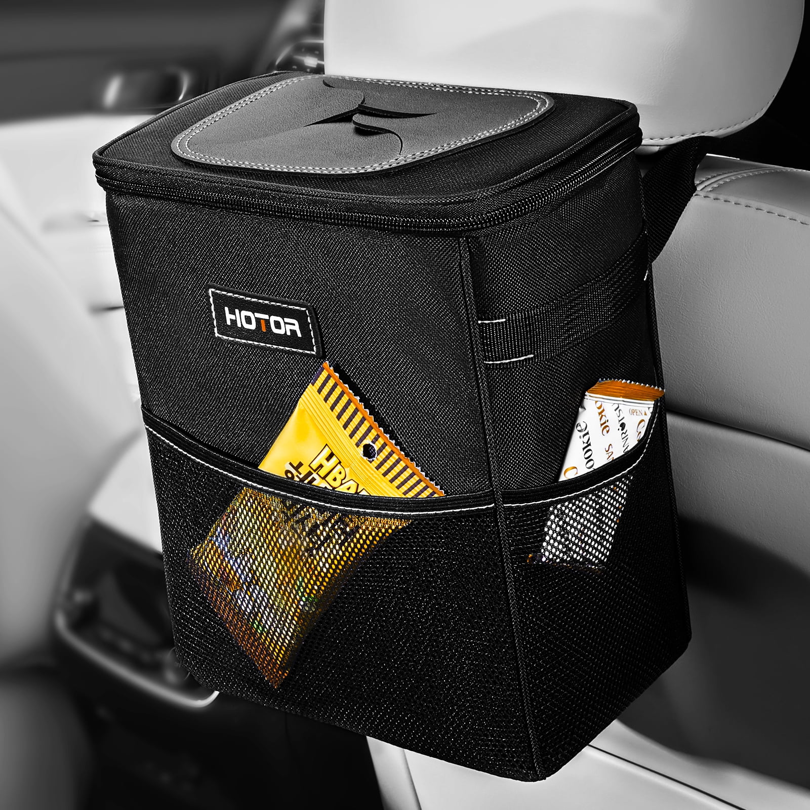 HOTOR Car Trash Can with Lid, Leak-Proof Car Garbage Can with Mesh Pockets, 2-Gallon Car Organizer and Storage Bag with Adjustable Strap, Auto Trash Bin, Car Accessories for Interior, Black