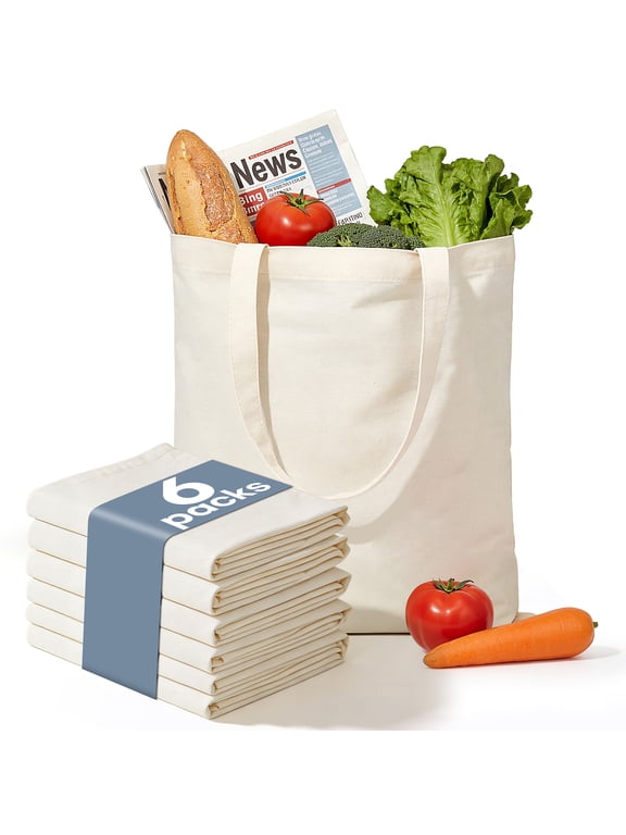 Canvas Tote Bag - 6 Pack, Lightweight Reusable Grocery Bags, Easy to Carry, DIY Plain Tote for Gift, Shopping, Work, 13" x 15.7", Beige