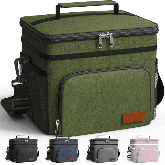 HOTOR Insulated Lunch Box for Men and Women, Portable Soft Cooler Bag with 4 Pockets, Adjustable Shoulder Strap, Cationic Green