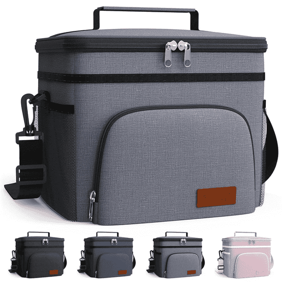 HOTOR Insulated Lunch Box for Men and Women, Portable Soft Cooler Bag with 4 Pockets, Adjustable Shoulder Strap, Light Gray