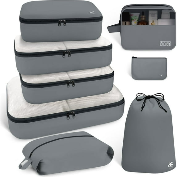 HOTOR Packing Cubes for Suitcases - 8 Pieces, Light Packing Cubes for Travel, Premium Suitcase Organizer Bags Set, Space-Saving Luggage Organizers, Travel Accessories and Essentials, Grey