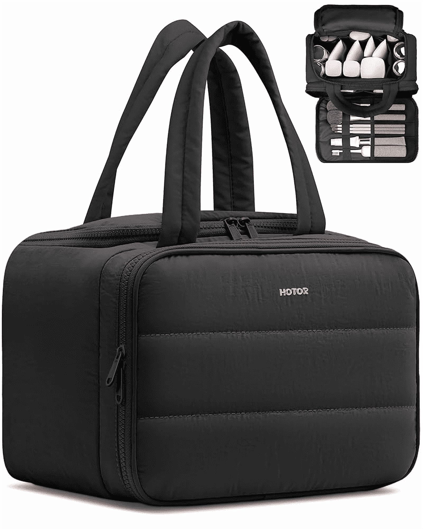 HOTOR Toiletry Bag for Women, Travel Size Toiletry, Wide-Open Makeup Bag with Handle, Wet & Dry Separation, 12.5" x 6.2" x 8.8", Black