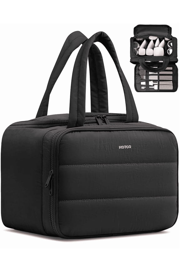 Toiletry Bag for Women, Travel Size Toiletry, Wide-Open Makeup Bag with Handle, Wet & Dry Separation, 11.3" x 5.8" x 8.2", Black