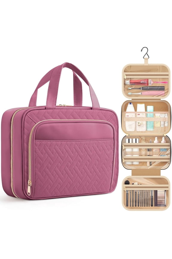 Toiletry Bag, Waterproof Hanging Organizer for Travel Size Toiletries, Makeup & Cosmetic Bag for Women & Men, 11.0'' x 3.2'' x 8.9'', Rosewood-Pink