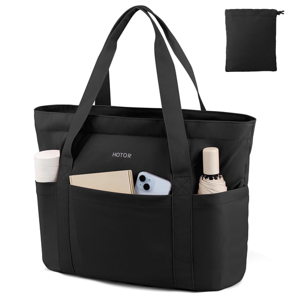 HOTOR Tote Bag for Women - Foldable Travel Bag with Zipper, Top Handle Handbag for Work, Gym, Travel, 19.7" x 6.7" x 13.8", Black