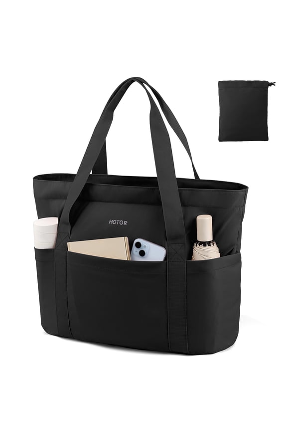 Tote Bag for Women - Foldable Travel Bag with Zipper, Top Handle Handbag for Work, Gym, Travel, 19.7" x 6.7" x 13.8", Black