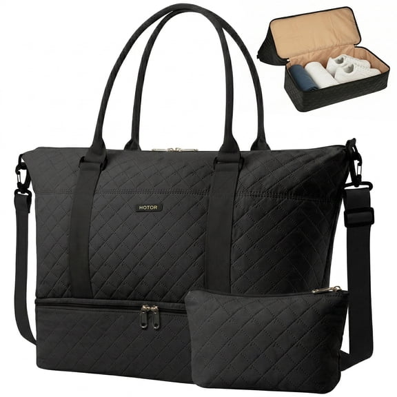HOTOR Travel Duffel Bag with Shoe Compartment, Carry-on Size, 15.5" x 18.0" x 8.5", Black