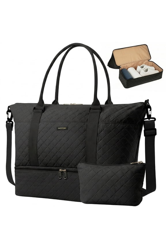 Travel Duffel Bag with Shoe Compartment, Carry-on Size, 15.5" x 18.0" x 8.5", Black