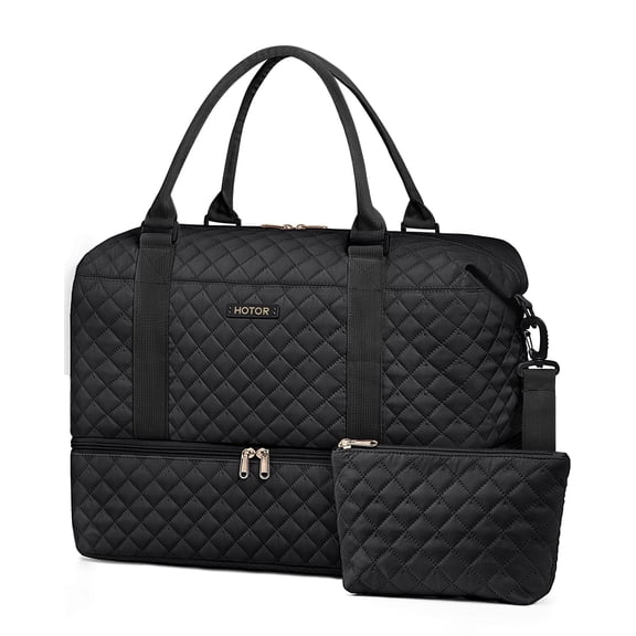 HOTOR Travel Duffel Bag with Shoe Compartment, Carry-on Size, 15.5" x 18.0" x 8.5", Black