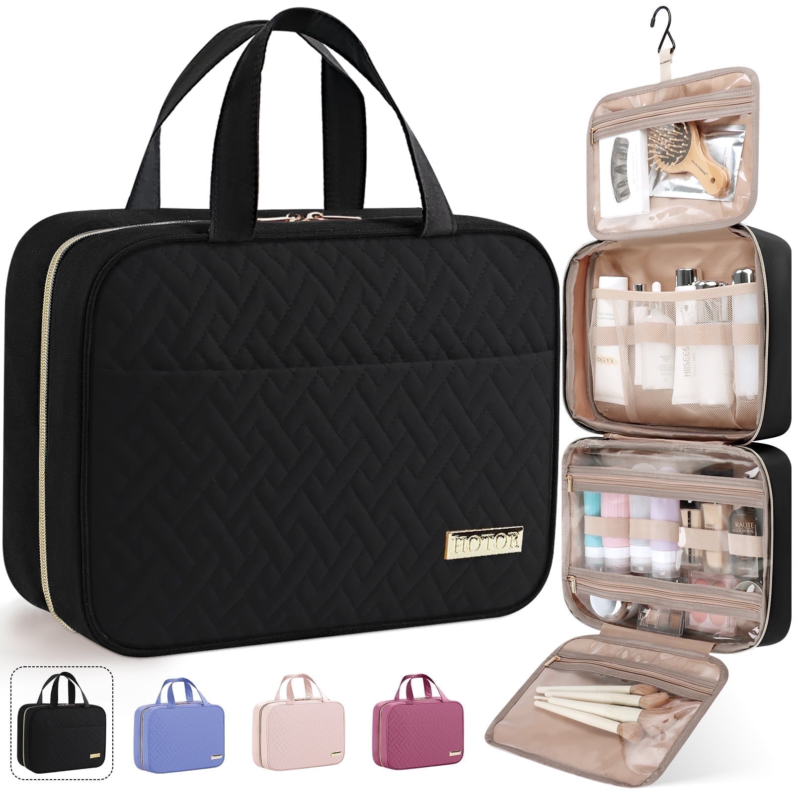 HOTOR Travel Toiletry Bag for Women & Men, Spacious Hanging Hook Makeup Bag for Travel Essentials, Large, Black