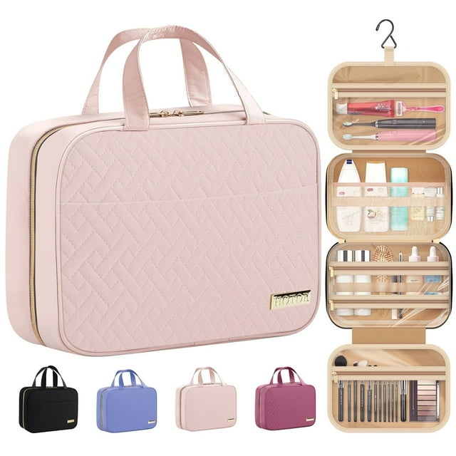 HOTOR Travel Toiletry Bag for Women & Men, Spacious Hanging Hook Makeup Bag for Travel Essentials, Large, Pale Pink