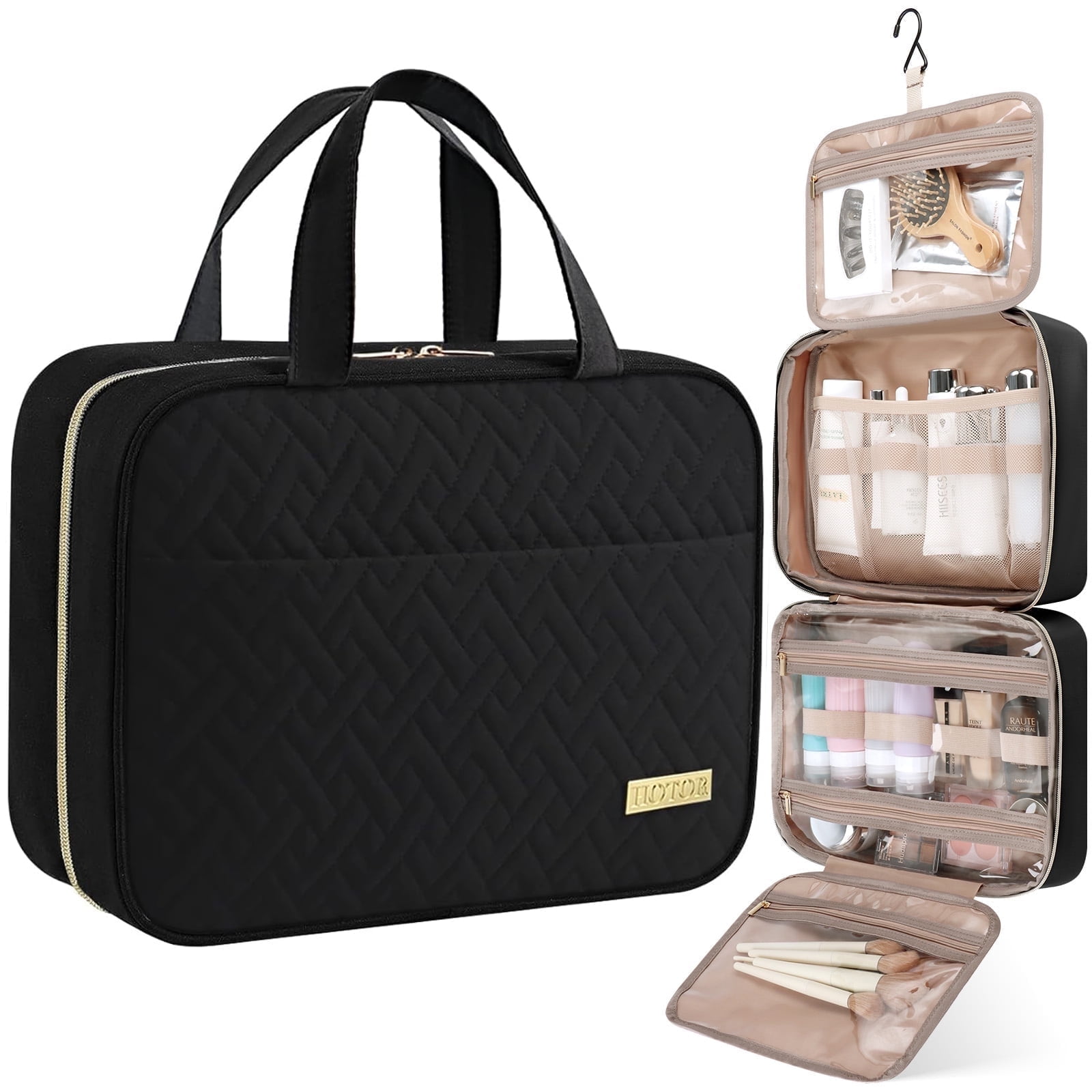 HOTOR Travel Toiletry Bag for Women & Men, Spacious Hanging Hook Makeup Bag for Travel Essentials, Black
