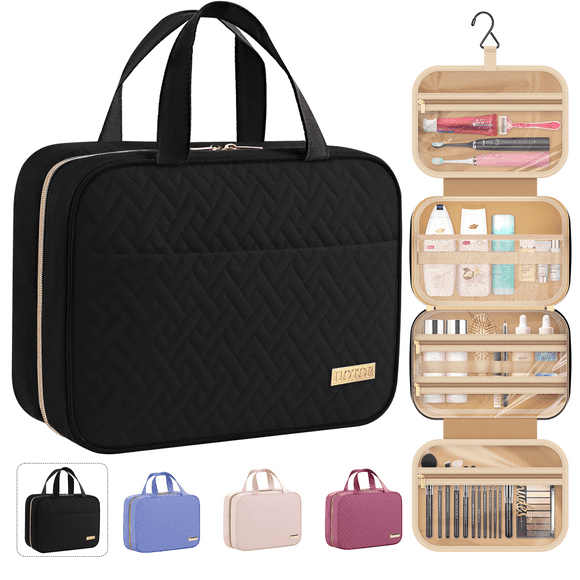 Travel Toiletry Bag for Women & Men, Spacious Hanging Hook Makeup Bag for Travel Essentials, Black