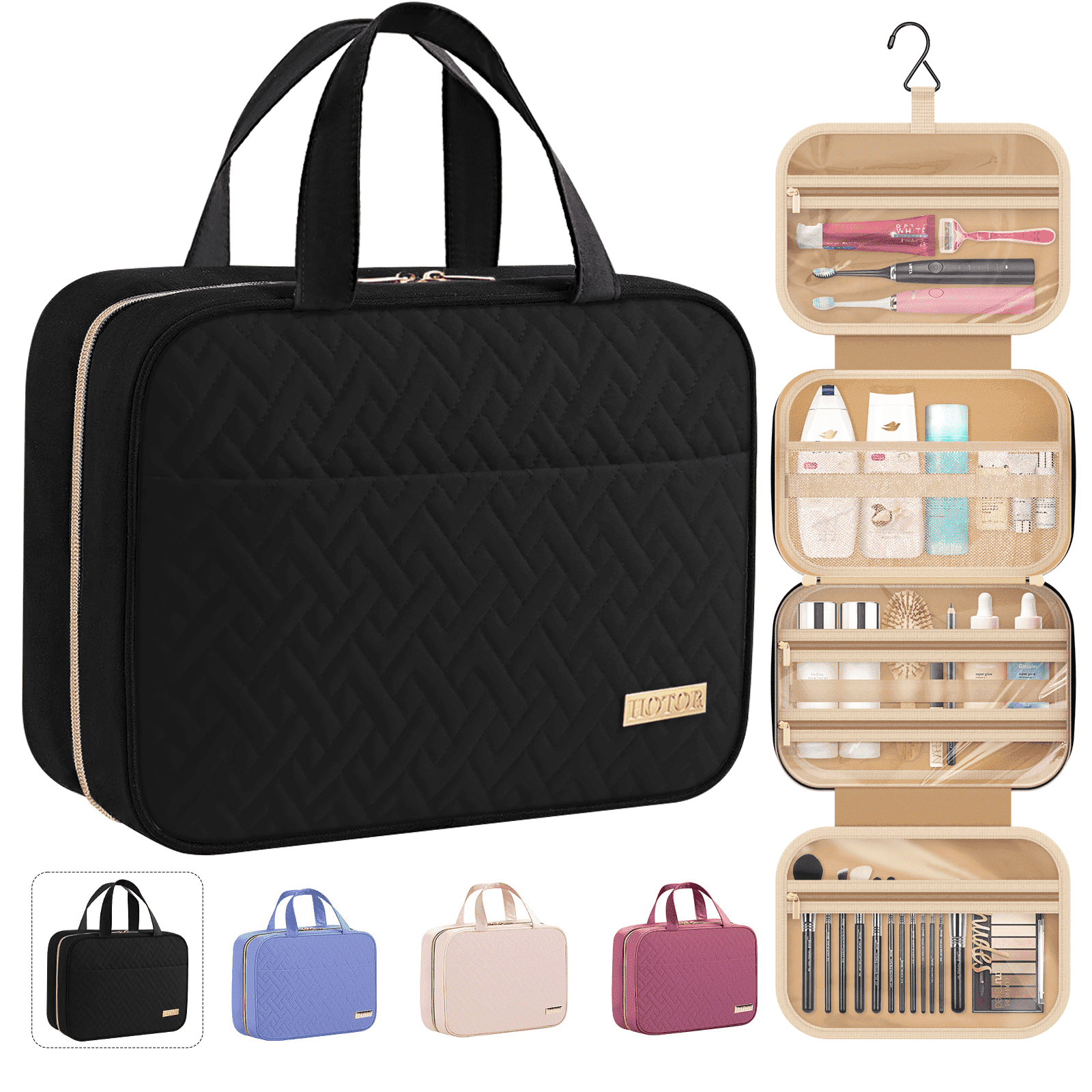 HOTOR Travel Toiletry Bag for Women & Men, Spacious Hanging Hook Makeup Bag for Travel Size Toiletries, Black - Walmart.com
