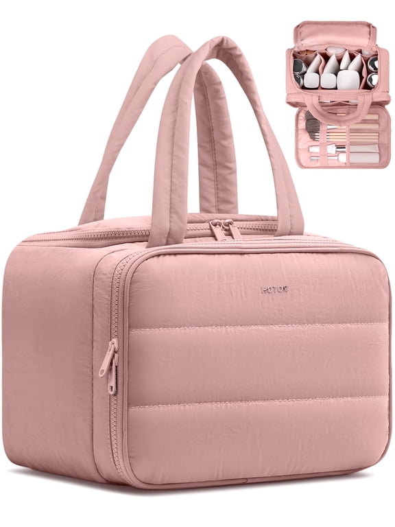 Toiletry Bag for Women, Travel Size Toiletry, Wide-Open Makeup Bag with Handle, Wet & Dry Separation, 11.3" x 5.8" x 8.2", Dark Pink