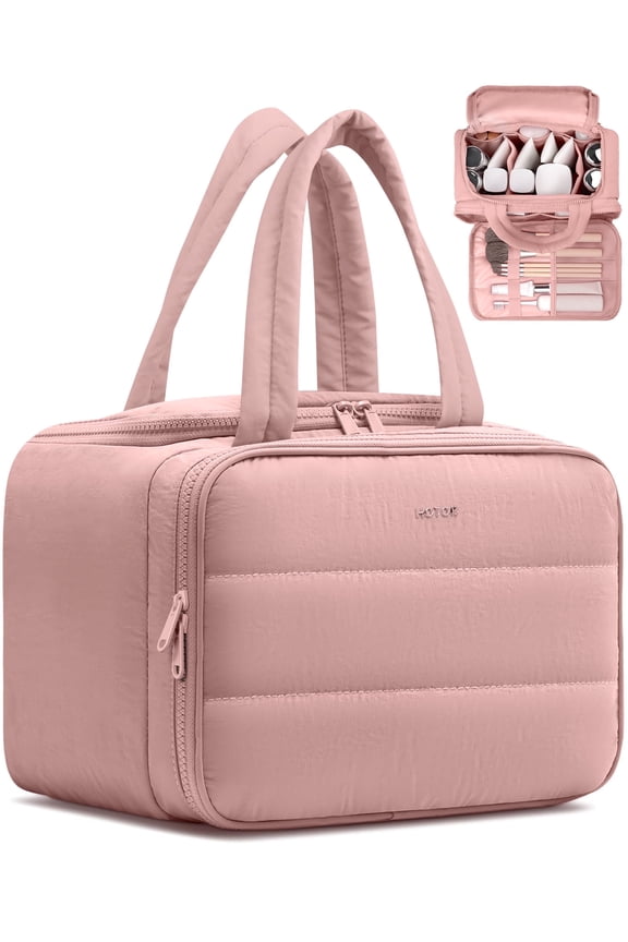 Toiletry Bag for Women, Travel Size Toiletry, Wide-Open Makeup Bag with Handle, Wet & Dry Separation, 11.3" x 5.8" x 8.2", Dark Pink