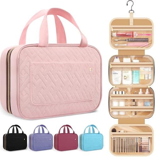 HOTOR Toiletry Bag, Waterproof Hanging Organizer for Travel Size Toiletries, Makeup & Cosmetic Bag for Women & Men, 11'' x 3.3'' x 7.8'', Pink