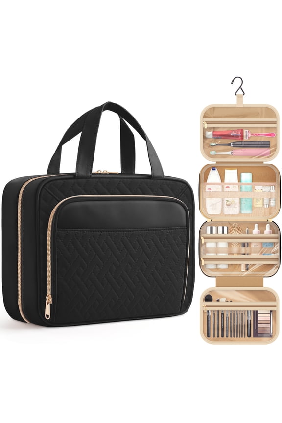 Toiletry Bag, Waterproof Hanging Organizer for Travel Size Toiletries, Makeup & Cosmetic Bag for Women & Men, 11'' x 3.2'' x 8.9'', Black