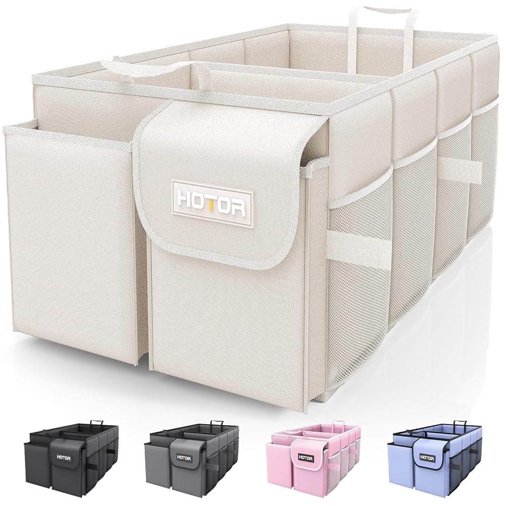 HOTOR Trunk Organizer for Car and SUV - Large-Capacity Car Organizer with Multiple Compartments, Foldable Car Organization for Car Accessories, Tools, Sundries, Beige
