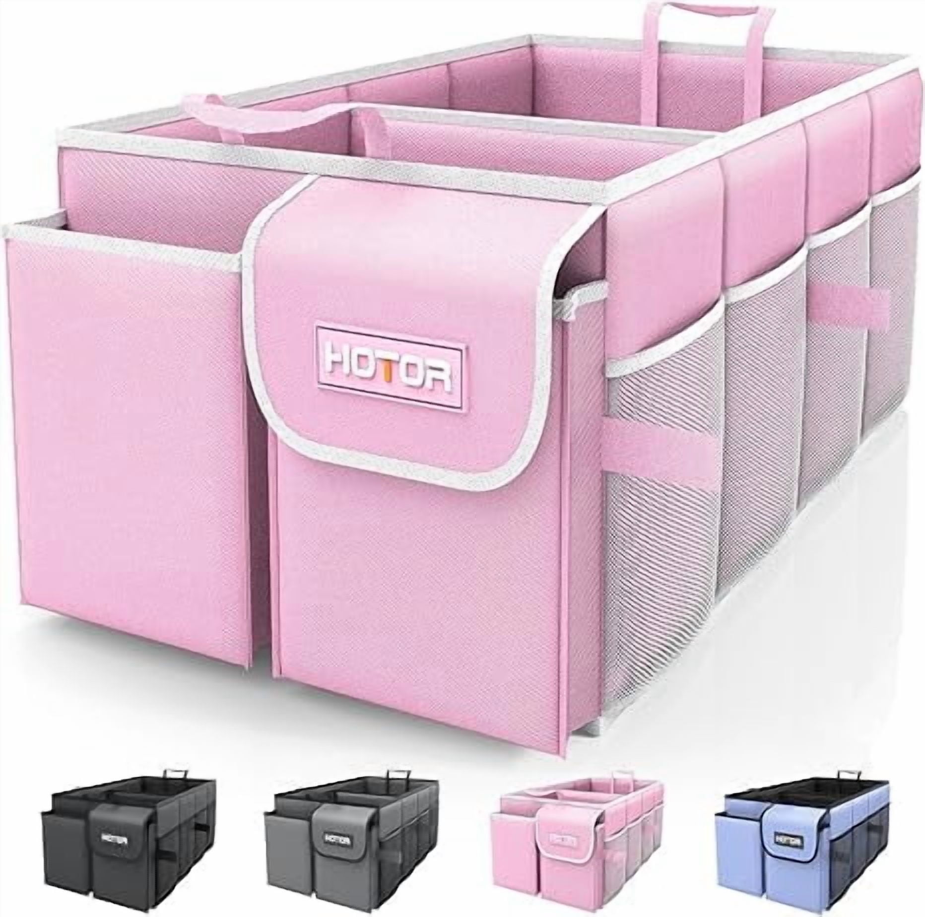 HOTOR Trunk Organizer for Car and SUV - Large-Capacity Car Organizer with Multiple Compartments, Foldable Car Organization for Car Accessories, Tools, Sundries, Pink
