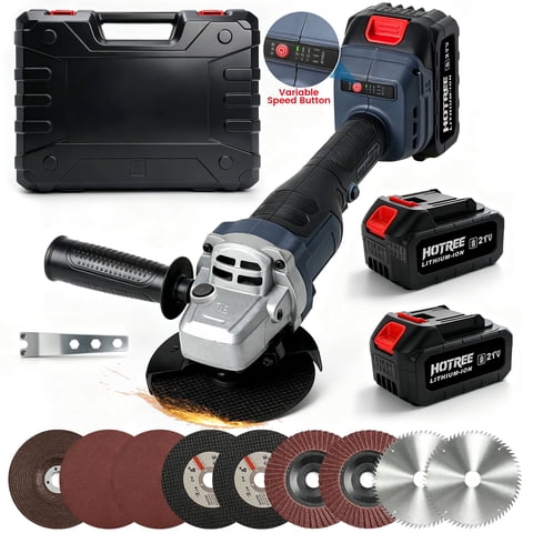 HOTREE 21V Cordless Brushless Angle Grinder Kit, 4-1/2 Inch Power Grinder Tool with 2 Batteries, Fast Charger, Hard Case & Accessories for Metal and Wood.